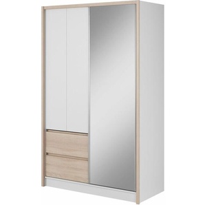 Sara Kleiderschrank 134 cm Schiebetür spiegel 2 schubladen weiß matt / sonoma eiche