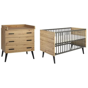 Schardt Babyzimmer Morris Oak, Anthrazit, Eiche Artisan, Holz, Holzwerkstoff, Buche, massiv, 3 Schubladen, zum Juniorbett umbaubar, Aufbauanleitung im Karton, Lattenrost inklusive, Schlupfsprossen, Babymöbel, Babyzimmer-Sets