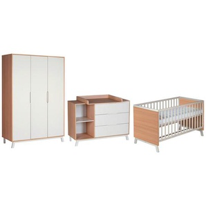 Schardt Babyzimmer Clay, Beige, Holz, Holzwerkstoff, Buche, 6 Fächer, 3 Schubladen, DIN EN 12221, zum Juniorbett umbaubar, höhenverstellbar, Aufbauanleitung im Karton, Lattenrost inklusive, Schlupfsprossen, Babymöbel, Babyzimmer-Sets