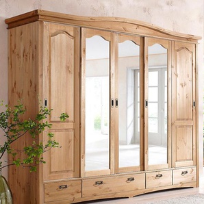 Schiebetürenschrank HOME AFFAIRE Konrad, Landhausstil, rustikal, mit Schubladen + Spiegel, Kassetten Schränke Gr. B/H/T: 249 cm x 207 cm x 64 cm, 5 St., beige (natur) massive Kiefer, FSC-zertifiziert, Messinggriffe, mehrere Varianten