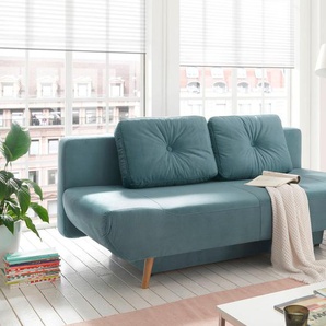 Schlafsofa ANDAS Segmon, blau (blau, petrol hell), B:200cm H:88cm T:99cm, Sofas, einfach in ein bequemes Bett umwandeln, inklusive Bettkasten