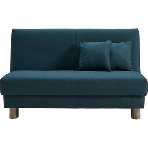 Schlafsofa ELL + Enny Sofas Gr. B/T: 145cm x 100cm, Flachgewebe, PUR-Schaumstoff, ohne Relaxfunktion, blau (petrol) Liegefläche Breite 120 oder 140 cm, Liegehöhe 40 Füße alufarben