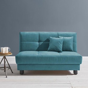 Schlafsofa ELL + Tilda Sofas Gr. B/H/T: 145cm x 90cm x 100cm, Flachgewebe, Kaltschaum, ohne Relaxfunktion, blau (petrol) Breite 145 cm, inkl. 2 Zierkissen