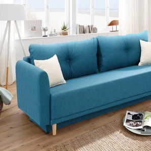 Schlafsofa HOME AFFAIRE Scandic Sofas Gr. B/H/T: 225cm x 93cm x 86cm, Struktur fein, blau (petrol) inkl. 2 Zierkissen und Bettkasten, Knopfheftung in Rückenkissen