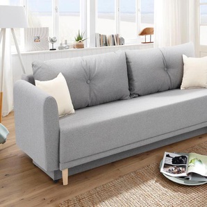 Schlafsofa HOME AFFAIRE Scandic Sofas Gr. B/H/T: 225 cm x 93 cm x 86 cm, Struktur fein, grau (hellgrau) Einzelsofas inkl. 2 Zierkissen und Bettkasten, Knopfheftung in Rückenkissen