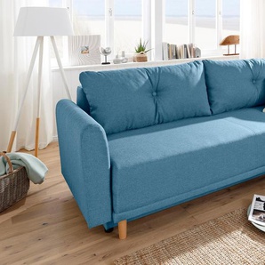 Schlafsofa HOME AFFAIRE Scandic Sofas Gr. B/H/T: 225 cm x 93 cm x 86 cm, Webstoff, blau Einzelsofas inkl. 2 Zierkissen und Bettkasten, Knopfheftung in Rückenkissen