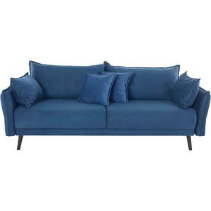 Schlafsofa INOSIGN Asra, blau (marineblau, blau), B:228cm H:95cm T:104cm, 100% Polyester, Sofas, incl. Bettfunktion und Bettkasten, Seitentasche im Armteil, Federkern