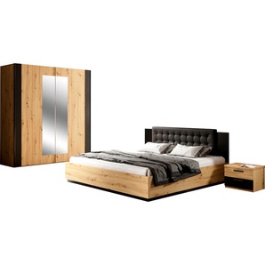 Schlafzimmer-Set INOSIGN Sigma, Set 4 -St(Kleiderschrank, 2xNako, Bett 180), Made in Europe Schlafzimmermöbel-Sets Gr. B/H/T: 186,3cm x 89,5cm x 205cm, artisan/schwarz, B/H: 180cm x 200cm, schwarz (artisan/schwarz) Komplettschlafzimmer, viel Stauraum,