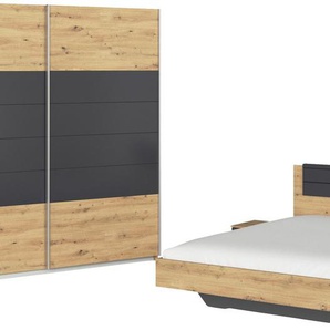 Schlafzimmer-Set RAUCH Komplettschlafzimmer Schlafzimmer BARCELONA mit Schrank Breite 226 cm Schlafzimmermöbel-Sets Gr. mit Bett 160x200cm + ohne Matratze, B/H: 160cm x 200cm, grau (eiche artisan/graumetallic) Bett 160 oder 180 cm und 2 Nachttischen MADE