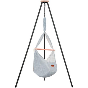 Schmusewolke Federwiegenset inkl. Tipi Gestell, Anthrazit, Blau, Beige, Holz, Metall, Textil, Buche, 150x224x150 cm, Deckenmontage möglich, Feder mit Sicherheitsseil, Babymöbel, Babybetten, Stubenwagen & Wiegen, Federwiegen