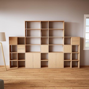 Schrankwand Eiche - Moderne Wohnwand: Schubladen in Eiche & Türen in Eiche - Hochwertige Materialien - 344 x 232 x 34 cm, Konfigurator