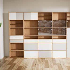 Schrankwand Eiche - Moderne Wohnwand: Schubladen in Weiß & Türen in Kristallglas klar - Hochwertige Materialien - 375 x 232 x 34 cm, Konfigurator