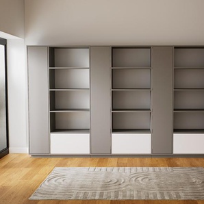 Schrankwand Grau - Moderne Wohnwand: Schubladen in Weiß & Türen in Grau - Hochwertige Materialien - 380 x 200 x 47 cm, Konfigurator