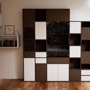 Schrankwand Nussbaum - Moderne Wohnwand: Schubladen in Weiß & Türen in Nussbaum - Hochwertige Materialien - 231 x 232 x 34 cm, Konfigurator