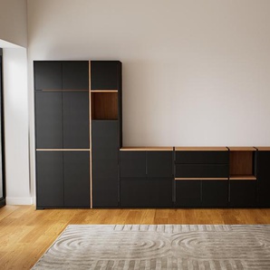 Schrankwand Schwarz - Moderne Wohnwand: Schubladen in Schwarz & Türen in Schwarz - Hochwertige Materialien - 377 x 196 x 34 cm, Konfigurator