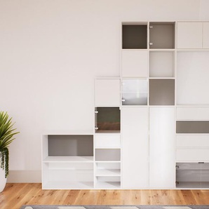 Schrankwand Weiß - Moderne Wohnwand: Schubladen in Weiß & Türen in Weiß - Hochwertige Materialien - 267 x 232 x 34 cm, Konfigurator