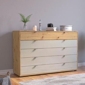 Schubkastenkommode WIEMANN Bari Sideboards Gr. B/H/T: 141 cm x 86 cm x 43 cm, 5, braun (bianco, eiche, champagnerglas) Schubladenkommoden hochwertige Glas- und Massivholzfront