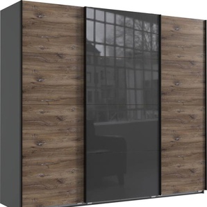 Schwebetürenschrank WIMEX Norderstedt Schränke Gr. B/H/T: 225cm x 210cm x 64cm, 3 St., grau (graphit/ flagstaff eiche nachbildung/ glas grey) INKLUSIVE 2 Stoffboxen und zusätzliche Einlegeböden, mit Glastür