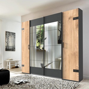 Schwebetürenschrank WIMEX Stockholm, Schlafzimmerschrank mit Industrial-Look, rustikale Optik Schränke Gr. B/H/T: 225cm x 210cm x 65cm, 4 St., grau (plankeneiche/graphit) Kleiderschrank mit Spiegel BESTSELLER Schrank Garderobe