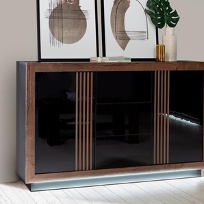 Sideboard FORTE Savona Sideboards Gr. B/H/T: 162,7 cm x 98,2 cm x 42,3 cm, 3 St., braun (schwarz, schlammeiche, schwarz hochglanz) Breite 162 cm, inkl. Sockelbeleuchtung