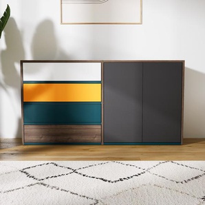 Sideboard Graphitgrau - Sideboard: Schubladen in Nussbaum & Türen in Graphitgrau - Hochwertige Materialien - 151 x 79 x 34 cm, konfigurierbar