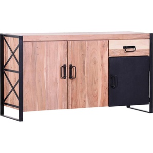 Sideboard GUTMANN FACTORY Downtown, schwarz (natur, schwarz), B:150cm H:82cm T:50cm, Massivholz, Sideboards, Kommode aus massivem Akazienholz mit Metallrahmen, Breite 150 cm