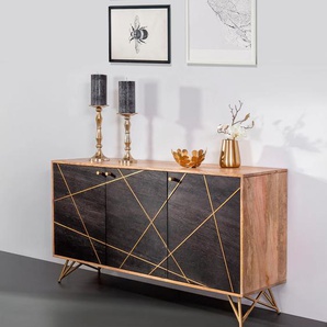 Sideboard GUTMANN FACTORY Lennon, schwarz (natur, schwarz), B:145cm H:80cm T:42cm, Sideboards, Kommode mit Echtsteinfurnier und Messingapplikationen