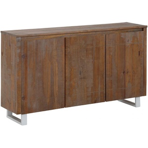 Sideboard HOME AFFAIRE Lagos, braun (braun, gebürstet), B:140cm H:80cm T:35cm, Massivholz, Sideboards, Kommode aus massivem Kiefernholz, mit weiß lackiertem Beingestell