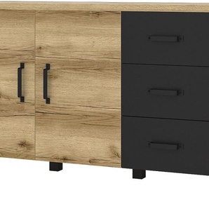 Sideboard HOME AFFAIRE Olin WM Sideboards Gr. B/H/T: 192cm x 79cm x 43cm, 3 St., braun (eichefarben grand natur/schwarz supermatt) Breite 192 cm