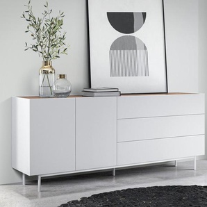 Sideboard Leo 200 cm - Weiß matt mit Eichen-Top - Metalluntergestell Weiß