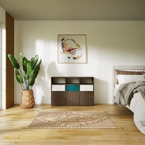 Sideboard Nussbaum - Sideboard: Schubladen in Weiß & Türen in Nussbaum - Hochwertige Materialien - 118 x 79 x 34 cm, konfigurierbar
