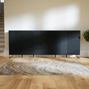Sideboard Schwarz, Goldfüße - Sideboard: Schubladen in Schwarz & Türen in Schwarz - Hochwertige Materialien - 231 x 91 x 34 cm, konfigurierbar