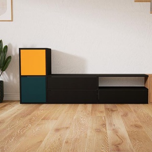 Sideboard Schwarz - Sideboard: Schubladen in Schwarz & Türen in Blaugrün - Hochwertige Materialien - 228 x 79 x 34 cm, konfigurierbar