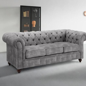 Sitzgruppe HOME AFFAIRE Chesterfield Sitzmöbel-Sets Gr. H/T: 74 cm x 89 cm, Luxus-Microfaser Lederoptik, grau (hellgrau) hochwertige Knopfheftung, bestehend aus 2- und 3-Sitzer