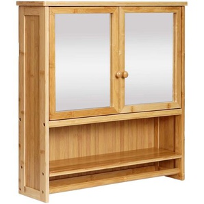 Spiegelschrank HWC-B18, Badspiegelschrank Hängeschrank, 3 Regalböden 2 Türen Spiegel Bambus 62X66x15cm