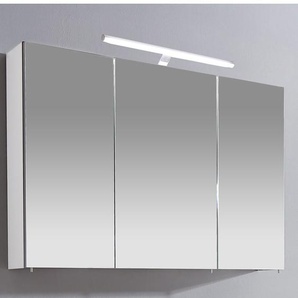 Spiegelschrank SCHILDMEYER Irene, weiß, B:100cm H:75,5cm T:16cm, Schränke, Breite 100 cm, 3-türig, LED-Beleuchtung, Schalter-/Steckdosenbox