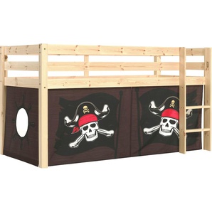 Spielbett VIPACK Vipack Pino Betten Gr. mit Te x tilset Caribian Pirate, Liegefläche B/L: 90 cm x 200 cm Höhe: 114 cm, kein Härtegrad, beige (natur) Baby Spielbetten mit Textil-Set, inkl. Rolllattenrost, in Natur, Weiß oder Grau