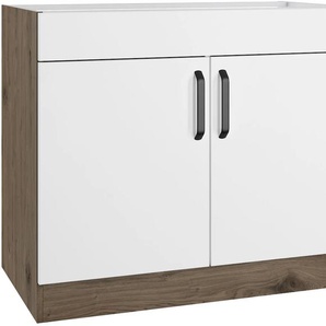 Spülenschrank WIHO KÜCHEN Elba Schränke Gr. B/H/T: 100cm x 82cm x 57cm, weiß (front: weiß, korpus: halifax eiche braun) Breite 100 cm