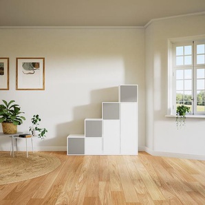 Stufenregal Weiß - Modernes Treppenregal für Bücher: Türen in Grau - 156 x 156 x 47 cm, Selbst designen