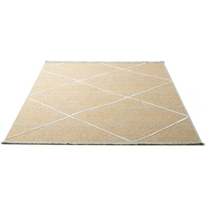 Teppich SANSIBAR Braderup Teppiche Gr. B: 200cm, 2mm, L: 290cm, goldfarben Fransenteppich Flachgewebe, modernes Scandi Design, Motiv Rauten, mit Fransen