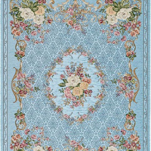 Teppich THEKO Flomi Floral Teppiche Gr. B/L: 160 cm x 230 cm, 3 mm, 1 St., blau (türkis) Baumwollteppiche gewebt, Blumen Design, ideal im Wohnzimmer & Schlafzimmer