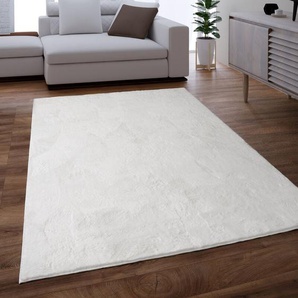 Teppich Wohnzimmer Kunstfell Shaggy Hochflor Waschbar In Waschmaschine Soft Uni Weiß 120x170 cm - Paco Home