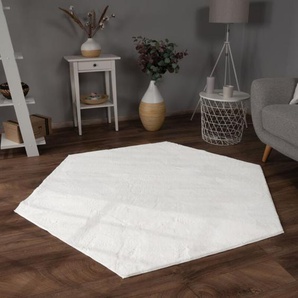 Teppich Wohnzimmer Kunstfell Shaggy Hochflor Waschbar In Waschmaschine Soft Uni Weiß 150x170 cm Sechseckig - Paco Home