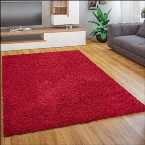 Teppich Wohnzimmer Schlafzimmer Hochflor Shaggy Flokati Einfarbig Weich Modern ø 160 cm Rund, Rot - Paco Home