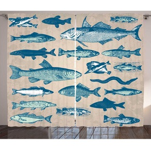 Rustikaler Vorhang, Vintage Meeresfrüchte Strand, Fisch, Beige Mehrfarbig