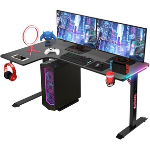 L-förmiger Gaming-Computertisch mit LED-Leuchten, Eckschreibtisch 140 x 100cm Gaming Schreibtisch, pc Tisch Gaming mit Kohlefaseroberfläche, mit