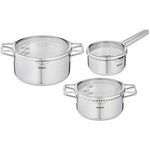 Topf-Set TEFAL Nordica Töpfe silberfarben (edelstahlfarben) Topfsets mit Deckel, nordisches Design, Ausgießer, Doppelgriff, Induktion