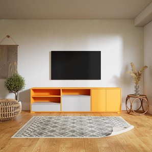 TV-Schrank Gelb - Fernsehschrank: Schubladen in Hellgrau & Türen in Gelb - 226 x 62 x 34 cm, konfigurierbar