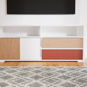 TV-Schrank Weiß - Fernsehschrank: Schubladen in Terrakotta & Türen in Eiche - 151 x 62 x 34 cm, konfigurierbar