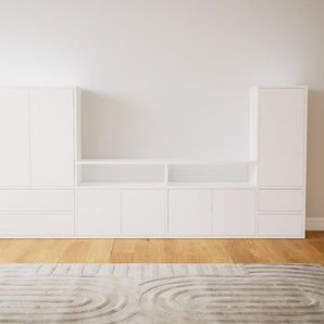TV-Schrank Weiß - Fernsehschrank: Schubladen in Weiß & Türen in Weiß - 264 x 117 x 34 cm, konfigurierbar